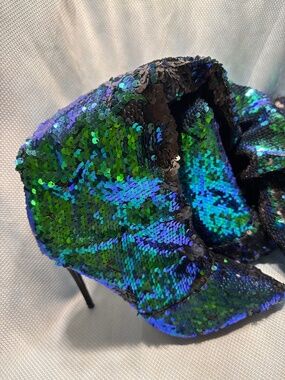 Pleaser Stiletto Blue and Green Sequin Slouch Thigh High Boots Size 10